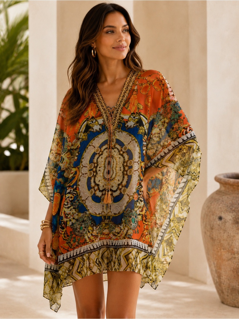 Boston Proper Embellished Printed Kaftan Tunic M/L